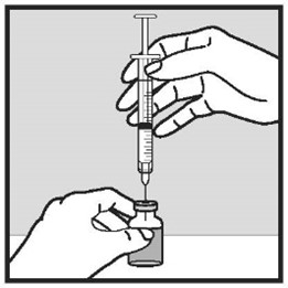 3. 3.	Håll injektionsflaskan på en plan yta och stick långsamt in nålen genom gummiförslutningen i injektionsflaskan.