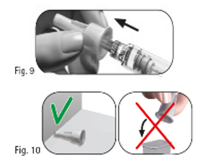 Figur 9 visar borttagande av det yttre nålskyddet och figur 10 visar nålskydd som läggs åt sidan och inte kastas