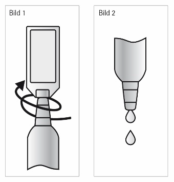 Bild 1: Ta loss en ampull och öppna den genom att vrida av spetsen. Bild 2: Spruta sedan ut hela innehållet i ampullen i munnen genom att trycka på ampullen.