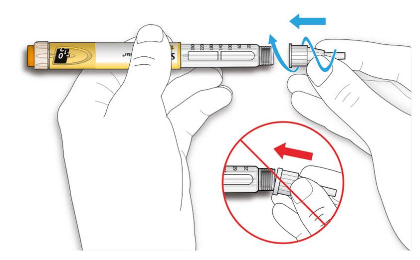 Bilden visar hur du skruvar fast nålen på pennan
