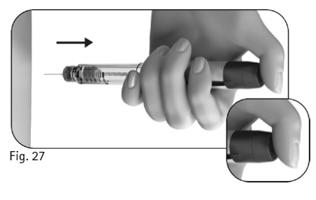 Figur 27 Håll ned dosinställningsknappen när nålen dras ut
