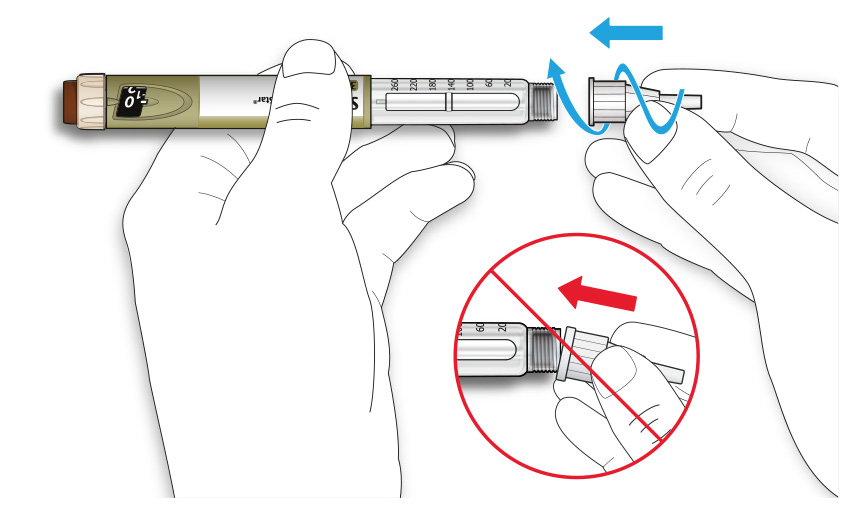Bilden visar hur du skruvar fast nålen på pennan