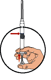 Håll sprutan i upprätt ställning, med injektionsnålens spets uppåt. Tryck in kolven långsamt tills den mellersta gummiproppens främre del når den blå linjen mitt på sprutan, detta skall ta ca 6-8 sek 