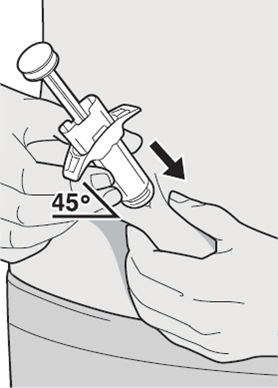 Stick in nålen fullständigt i hudvecket med en vinkel på ungefär 45°.
