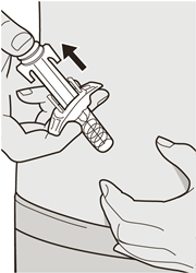 Lyft tummen för att lossa kolven tills nålen är täckt av nålskyddet och ta bort sprutan från injektionsstället.