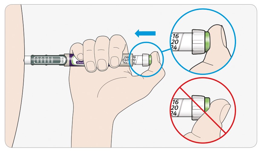 Placera tummen på injektionsknappen. Tryck sedan in den helt och håll kvar. Håll inte tummen snett när du trycker – din tumme kan hindra dosväljaren från att vridas.