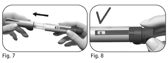 Figur 7 - skyddet dras av pennan och figur 8 - doseringsfönstret visar 0