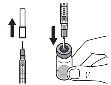 Dra av nållocket från injektionssprutan och för in nålen i injektionsflaskan rakt genom mitten av injektionsflaskans propp. 