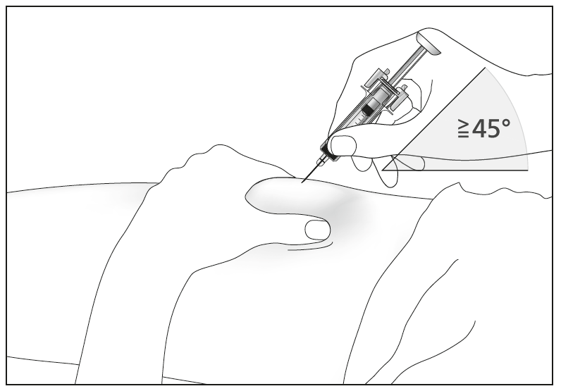 Bild 8. Stick nålen helt in i huden så som läkaren eller sjuksköterskan har visat. Vinkeln mellan sprutan och huden ska inte vara för liten (minst 45°).