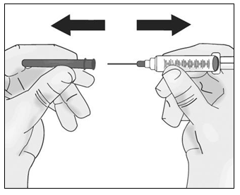 Dra nålskyddet rakt av från sprutan utan att vidröra nålen