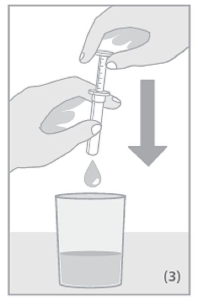Töm innehållet i doseringssprutan i ett glas vatten genom att trycka ned kolven.