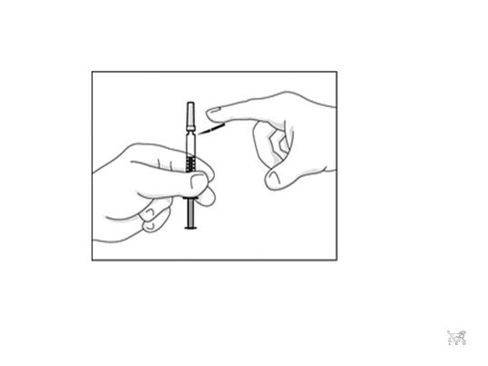 BIlden beskriver hur säkerhetsanordningen på sprutan böjs ner och bort från nålskyddet