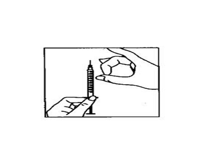 Bilden beskriver en spruta som hålls uppåt samtidigt som man knackar på den för att avlägsna luftbubblor