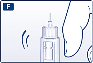 Håll pennan så att injektionsnålen pekar uppåt. Knacka försiktigt med fingret på cylinderampullen några gånger. 