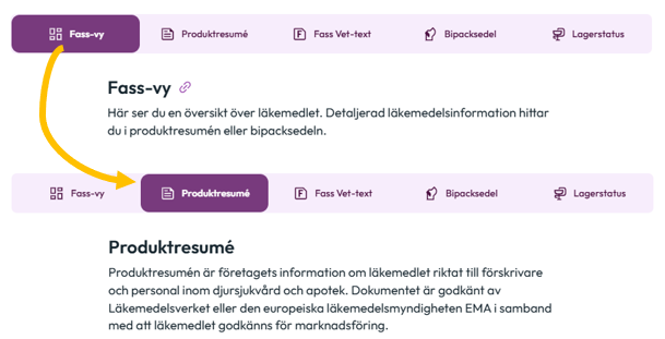 Från Fass-vy till productresumé på läkemedelssidorna.