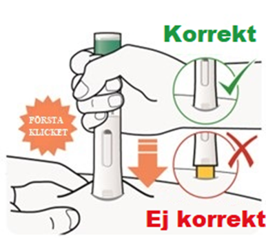 Tryck ner den förfyllda injektionspennan stadigt mot huden tills du inte kan se det gula nålskyddet och håll kvar