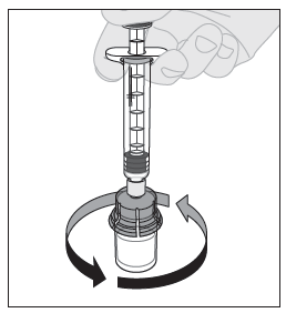 Låt sprutan sitta kvar i adaptern med kolvstången intryckt och snurra injektionsflaskan varsamt tills pulvret har lösts upp.