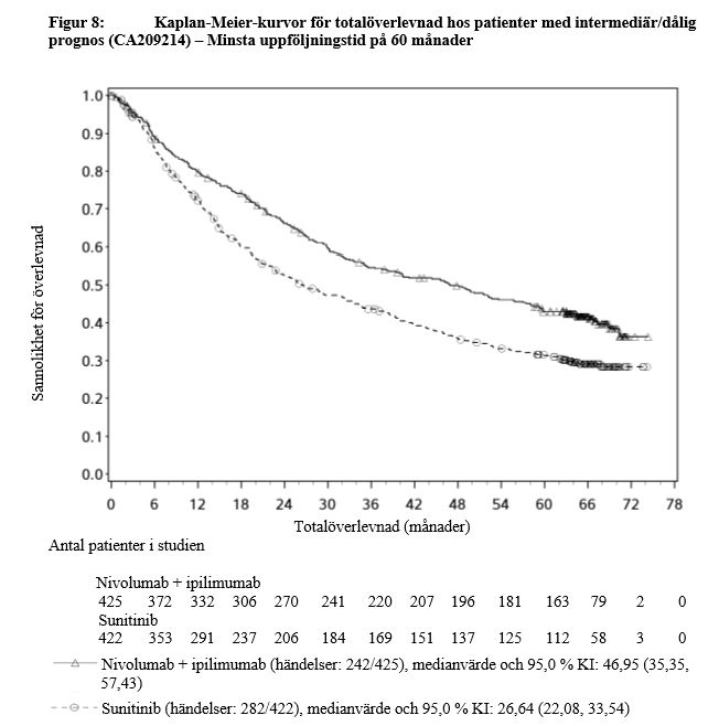 Kaplan Meier-kurvor för totalöverlevnad hos patienter med intermediär/dålig prognos