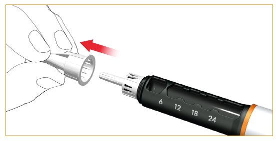 Avlägsna nålens yttre skyddshatt. Spara den yttre skyddshatten, för att säkert kunna avlägsna och kassera nålen efter användning.