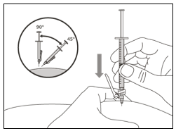 Nyp tag om huden på det utvalda injektionsstället och stick in nålen helt i en vinkel på 45° till 90°.