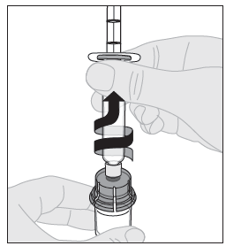 Lossa sprutan från adaptern för injektionsflaskor genom att varsamt dra och vrida injektionsflaskan moturs.