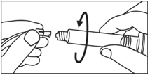 4. Anslut sprutspetsen till slangsystemet genom att skruva den medsols. Följ sedan instruktionerna för injektorn.
