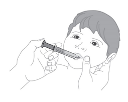 Placera försiktigt sprutan  på insidan av barnets mun