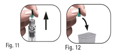 Figur 11 och 12 visar injektionspennan hållen med nålen pekande uppåt, borttagande samt kassering av det inre skyddet