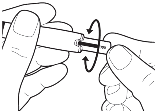 Vrid försiktigt doseringsknappen tills strecket med din förskrivna dos visas i mitten av indragningen på pennan. 