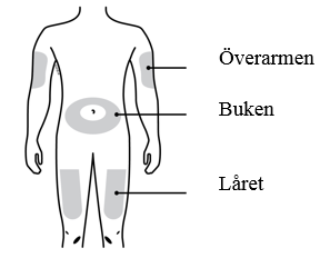 D. Välj det ställe där du ska fästa den automatiska doseringspumpen. Utsidan av armen ska enbart väljas om någon annan ger dig injektionen. 