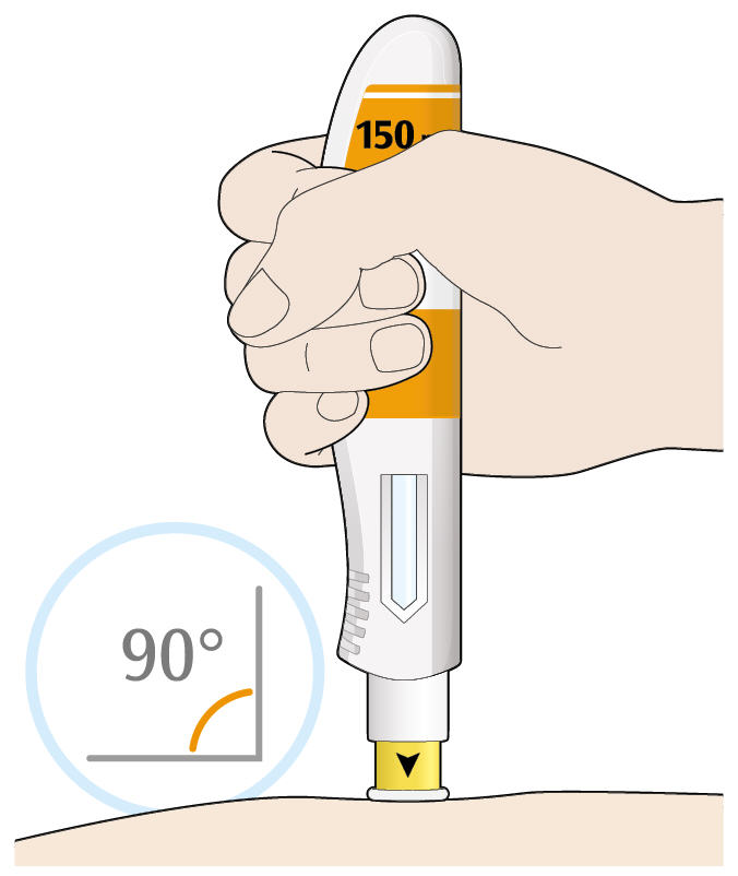 Bilden visar att du ska sätta det gula nålskyddet mot huden med ungefär 90° vinkel
