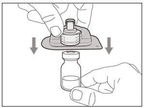 Tryck ner blisterförpackningen av plast med flaskadaptern på den nya injektionsflaskan tills du hör ett ”klick”.