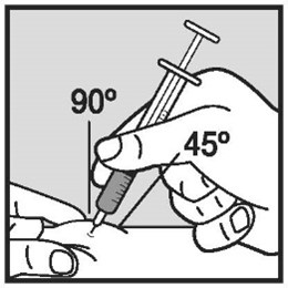 6.	Håll sprutan som en penna eller ett stift. För in nålen i den upphöjda huden i en vinkel på 45° till 90°.