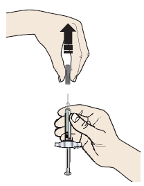 Dra det grå nålskyddet rakt av och bort från kroppen precis innan injektionen