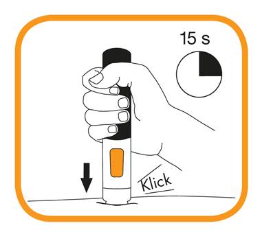 Bilden visar att du ska hålla kvar injektionspennan tills ett andra klick hörs och fönstret blir orange. Då är injektionen klar. Det kan ta upp till 15 sekunder