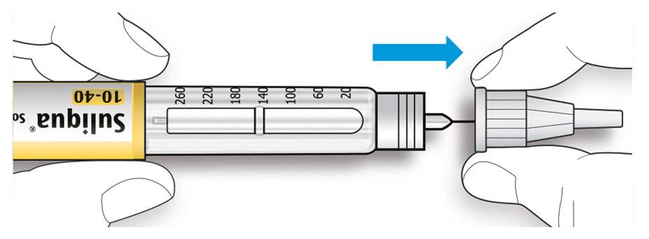 Bilden visar hur du leder nålen in i det yttre nålskyddet
