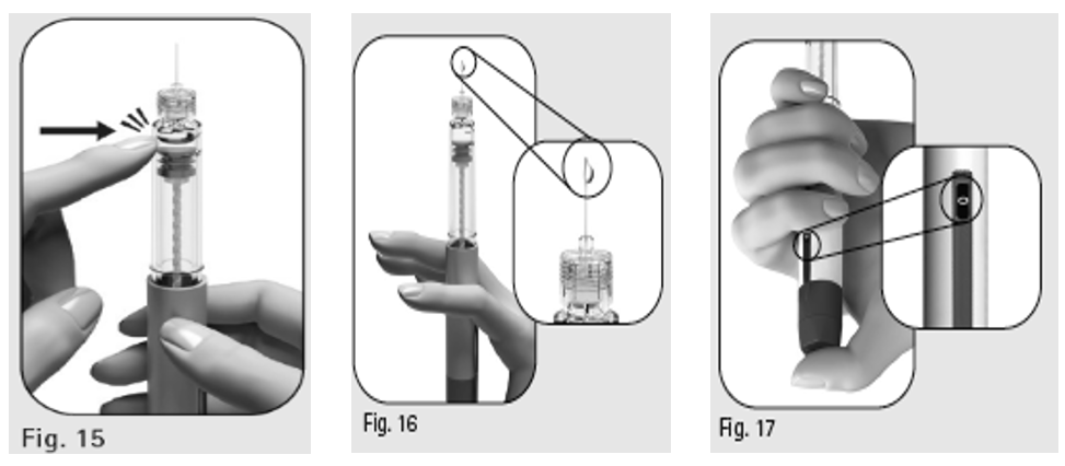 Figur 15 visar knackning på behållaren, figur 16 visar en liten droppe på nålspetsen, figur 17 visar pennans doseringsfönster med siffran 0
