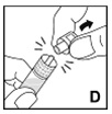 Håll sprutan med ett grepp om cylindern och bryt av sprutans lock från spetsen (D). 