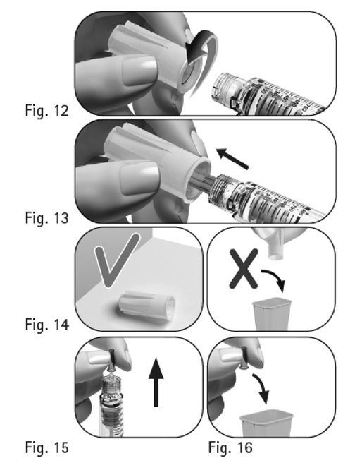 Figur 12-16  visar fastskruvande och borttagande av det yttre nålskyddet, nålskydd som läggs åt sidan och inte kastas, injektionspennan hållen med nålen pekande uppåt, borttagande samt kassering av det inre skyddet