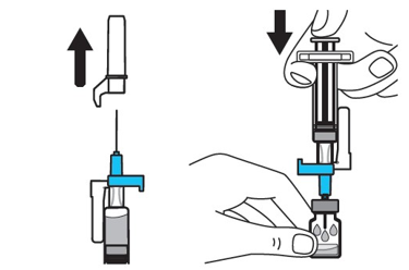 Dra av nålens lock och för in nålen i injektionsflaskan genom mitten av injektionsflaskans propp. 