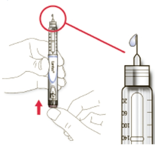 Tryck in injektionsknappen helt. Kontrollera att insulin syns på nålspetsen.