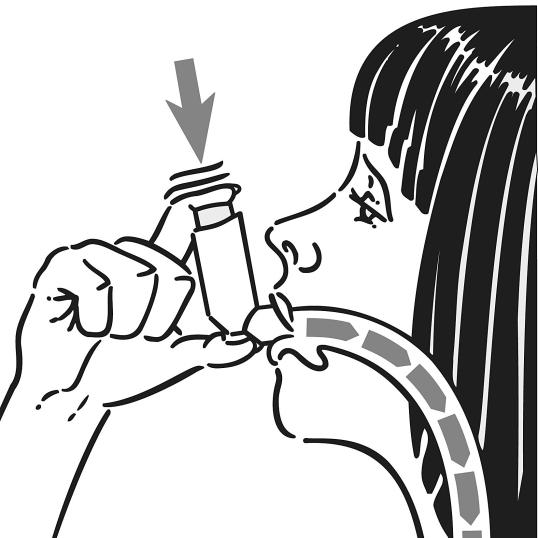 Bild 3 visar att man andas in långsamt genom munnen och samtidigt trycker ned metallflaskan med pekfingret, vilket utlöser en dos, och fortsätter att andas in djupt.